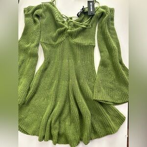 Dolls Kill Current Mood Enchanted Fairy Green Crochet Tie OffShoulder Mini Dress